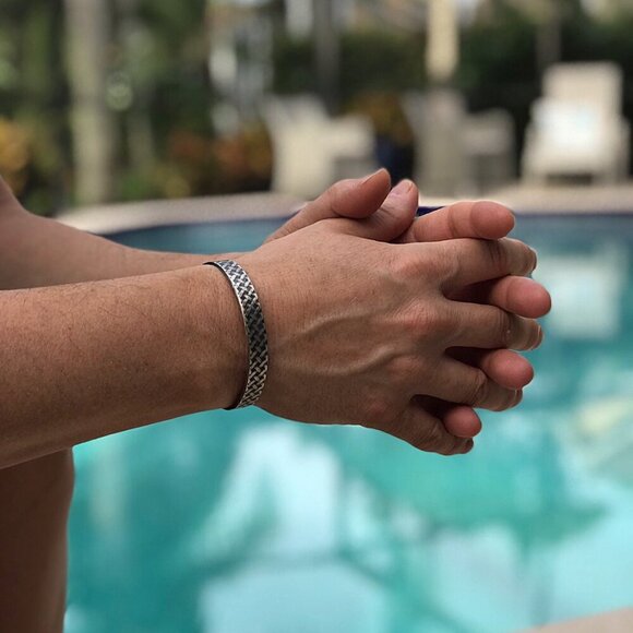 Oxidized Sterling Silver Plaid Tartan Open Cuff Bangle Bracelet Handmade 9.5mm - Picture 6 of 7